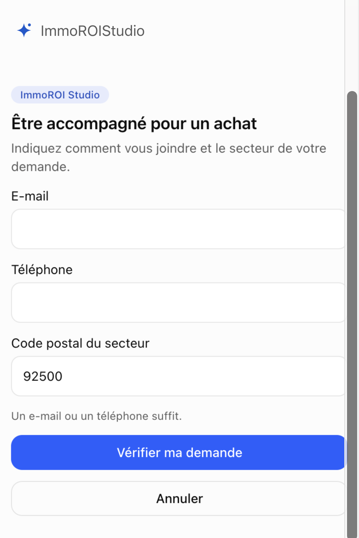 Formulaire de préparation d’un contact achat dans le secteur 92500, avec coordonnées vides et bouton Vérifier ma demande