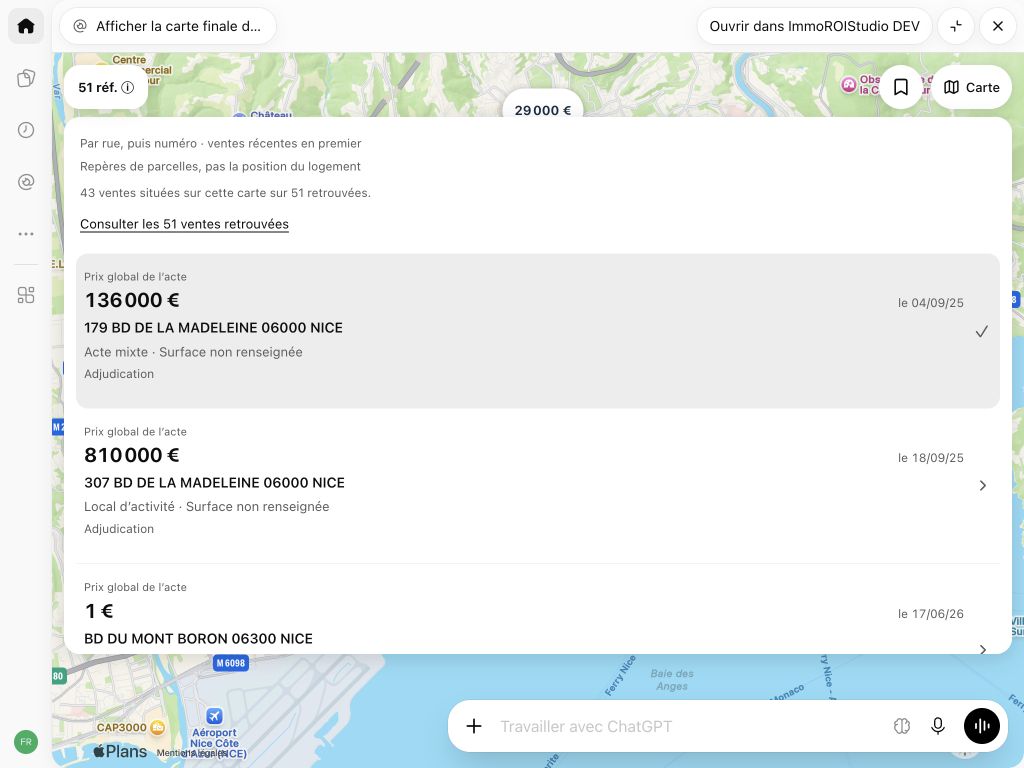 Liste réelle dans le panneau ChatGPT web élargi, prix puis adresse et caractéristiques